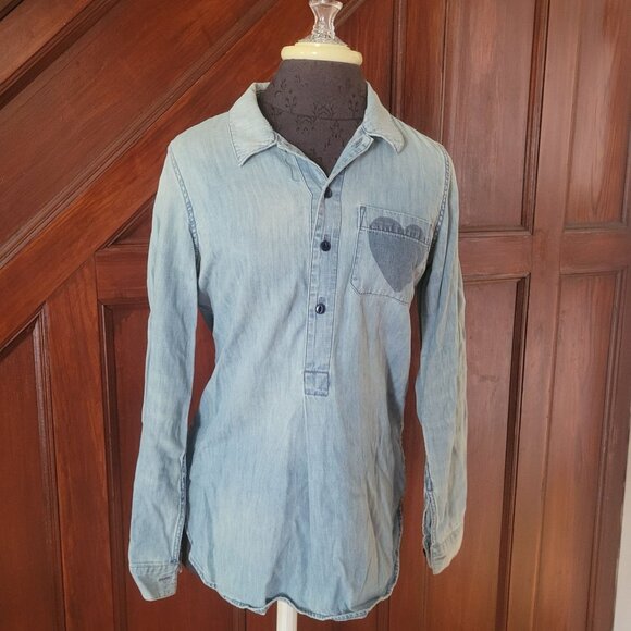 Madewell Womens Light Denim Button-Up Tunic Shirt W/ Heart Pocket Detail S - Picture 1 of 6
